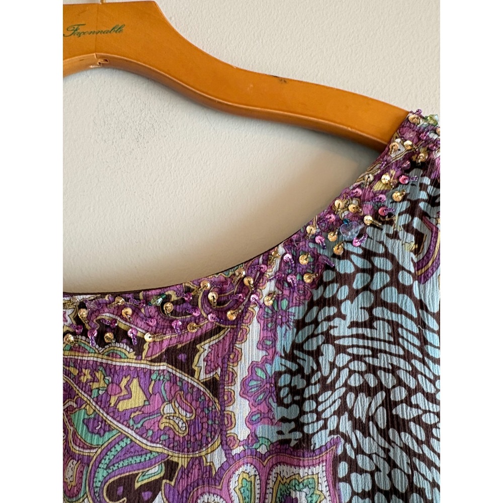 ECI New York Vintage 100% Silk Paisley Beaded Asymmetrical Tank Top 2X Brown - Picture 6 of 11